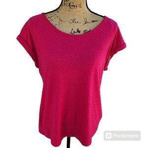 Rose + Olive Swiss Dot Short Sleeve Cuffed Blouse Exposed Zipper Womens SZ Large